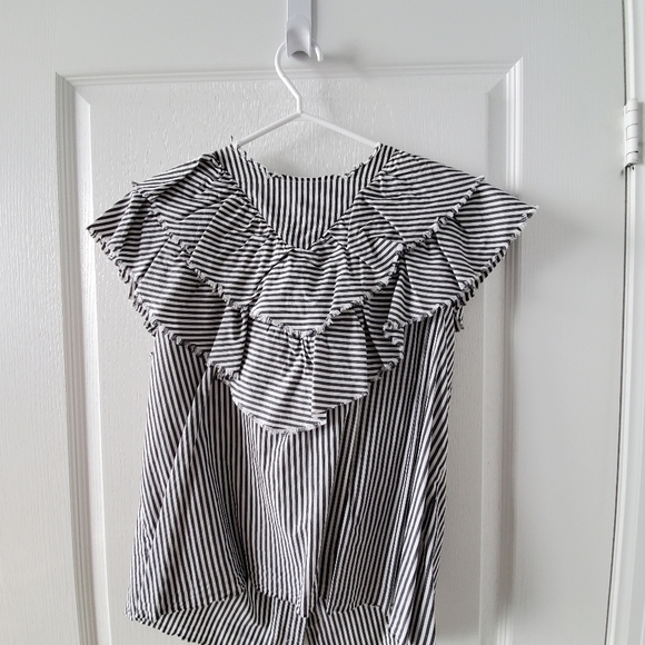 ZARA Grey/White Stripe Ruffled Shirt - Picture 1 of 9